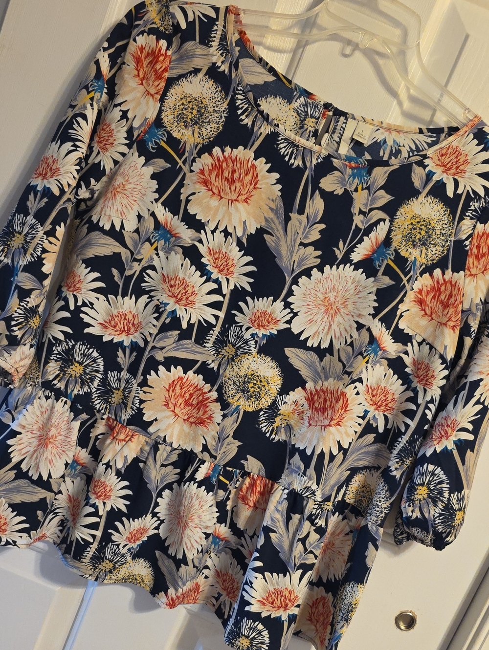 LC Lauren Conrad Navy Floral Peplum Top with Cream & Coral Blooms T067